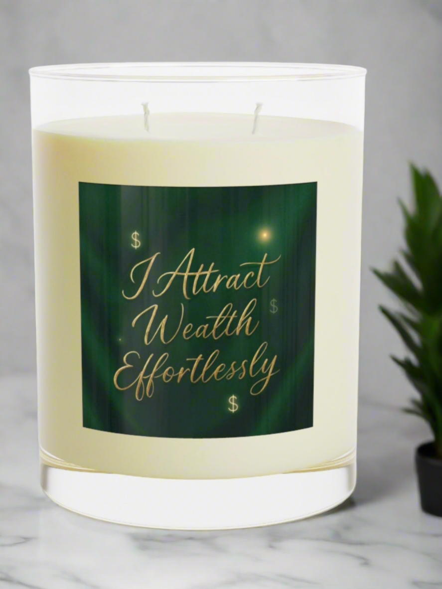 Wealth Attraction Scented Candle - Full Glass 11oz, Relaxation Gift, Home Decor, Positive Affirmation, Mindfulness Ritual
